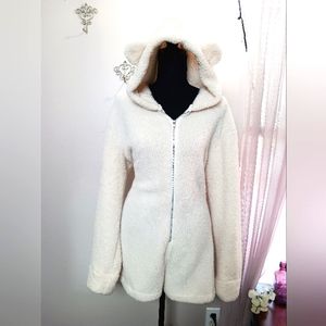 Cozy & Cute! Hooded Teddy-ear Zip Front Romper  Cream fleece LG